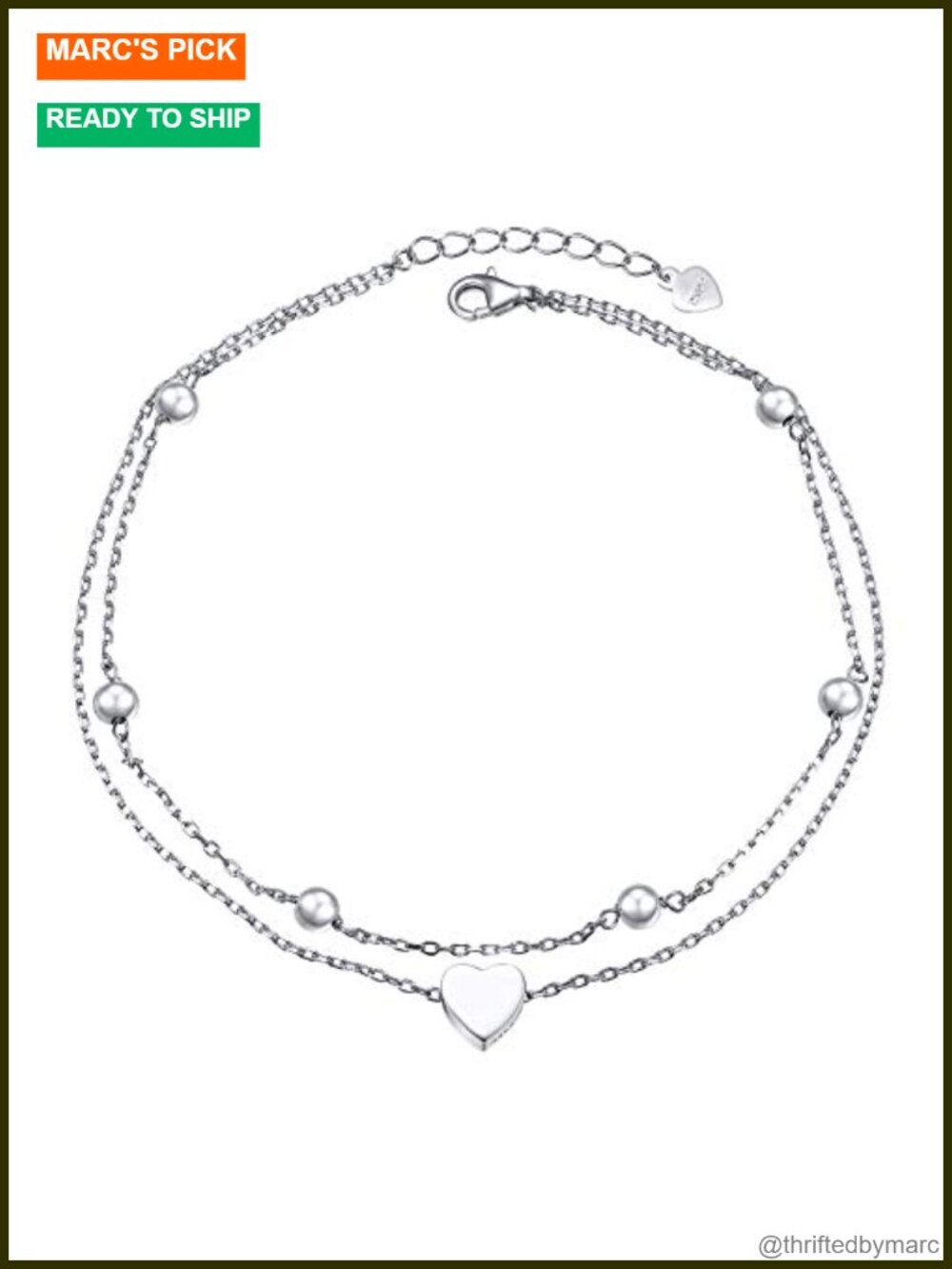S925 Sterling Silver Adjustable Beaded Heart Charm Anklet for Women